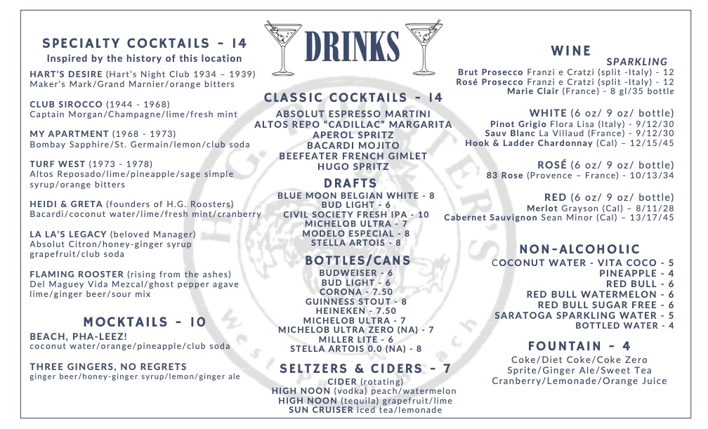 H.G. Roosters drink menu featuring specialty and classic cocktails inspired by the bar's history, mocktails, drafts, bottles and cans, wine, seltzers, and non-alcoholic options with prices
